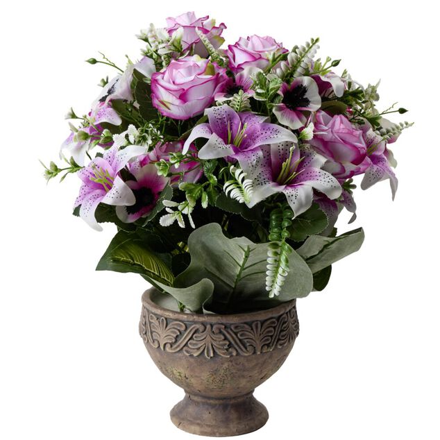 Vasque ciment roses lys pens&eacute;es bruy&egrave;re &Oslash;40xH40cm