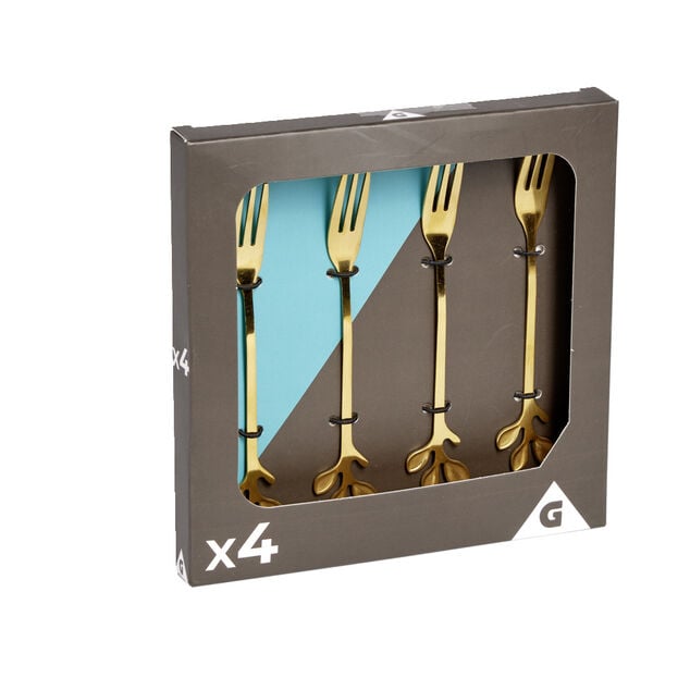 Fourchette &agrave; dessert x4 design feuille inox dor&eacute; L15cm