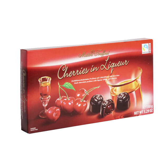 Chocolats noir fourr&eacute;s de liqueur et cerises 150Gr