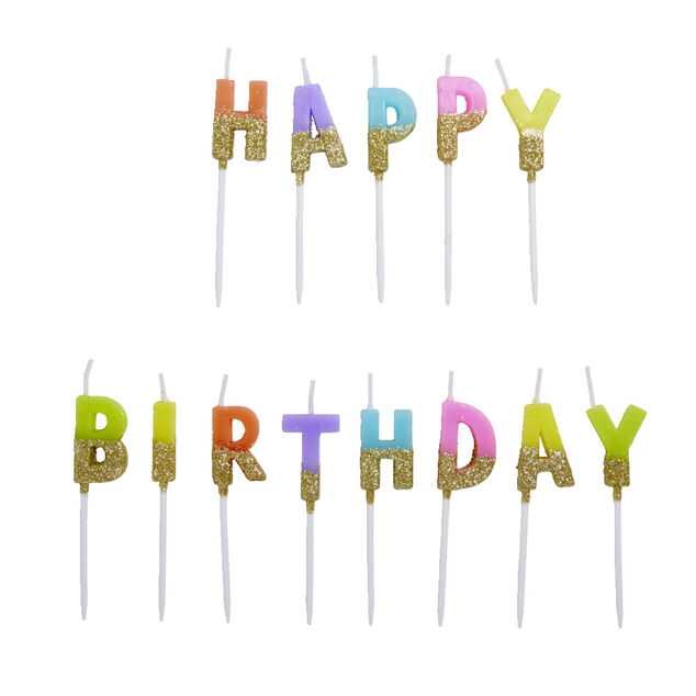 Bougie anniversaire lettres Happy Birthday multicolore et doré