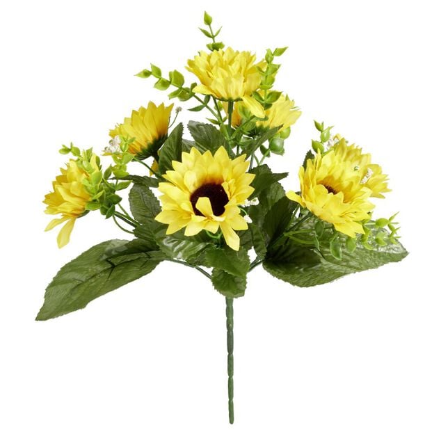 Bouquet fleurs artificielles eucalyptus/gypsophile/tournesol 7 t&ecirc;tes H29cm