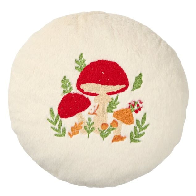 Coussin rond bouclette motifs v&eacute;g&eacute;tal et champignons &Oslash;40cm