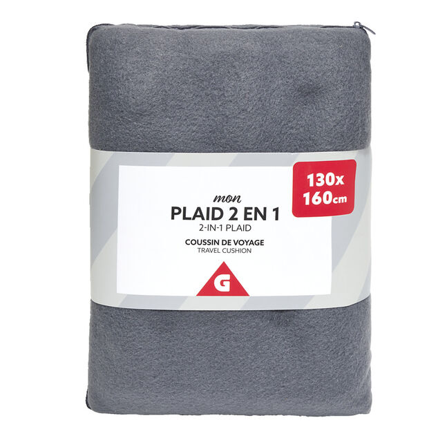 Plaid polaire gris 130x160cm 2en1 avec fermeture pour coussin