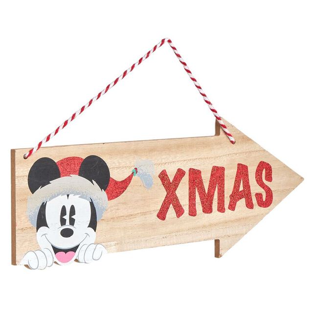 Pancarte bois Disney Mickey XMAS &agrave; suspendre L40xH15cm