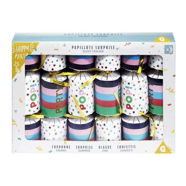 Papillote surprise 6 personnes multicolore avec couronne et blague