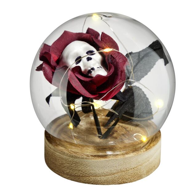 D&eacute;coration Halloween fleur immortelle LED sous bocal avec t&ecirc;te de mort &Oslash;12cm