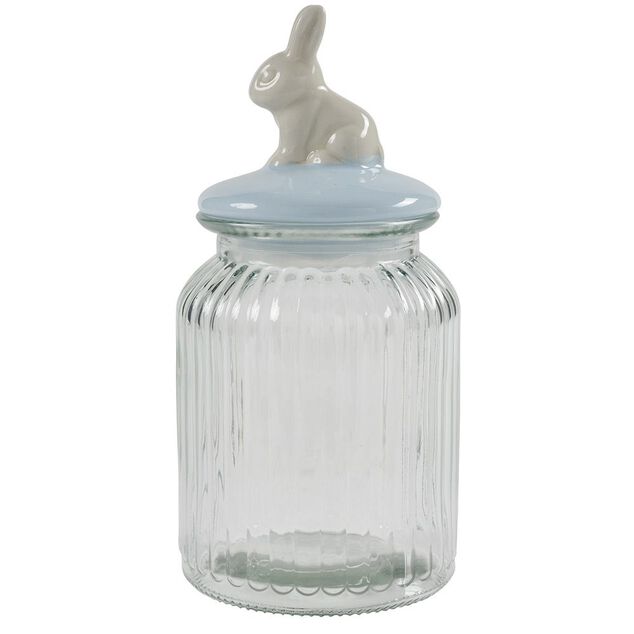 Bonbonni&egrave;re verre 1L forme lapin bleu &Oslash;11xH22cm