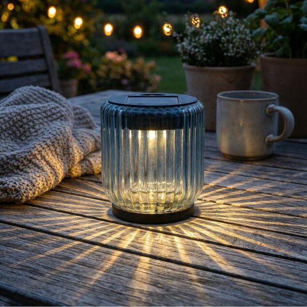 Lanterne solaire d&eacute;corative plastique et verre bleu &Oslash;8xH8,5cm