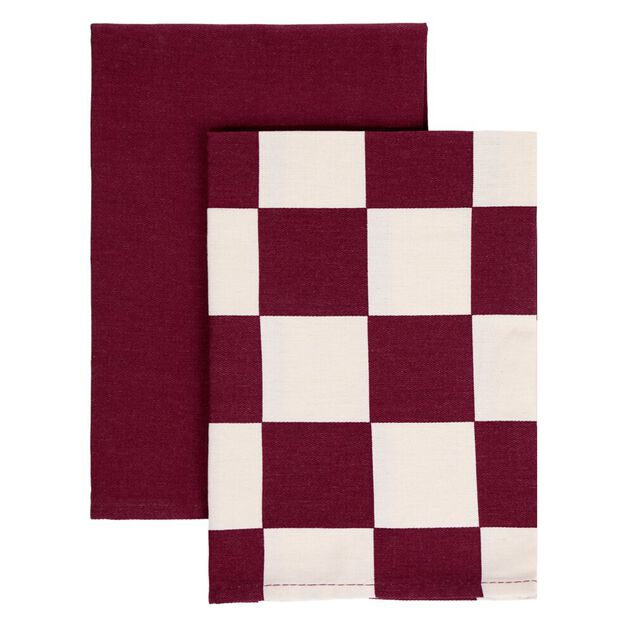 Torchon x2 coton uni et damier rouge prune 45x65cm