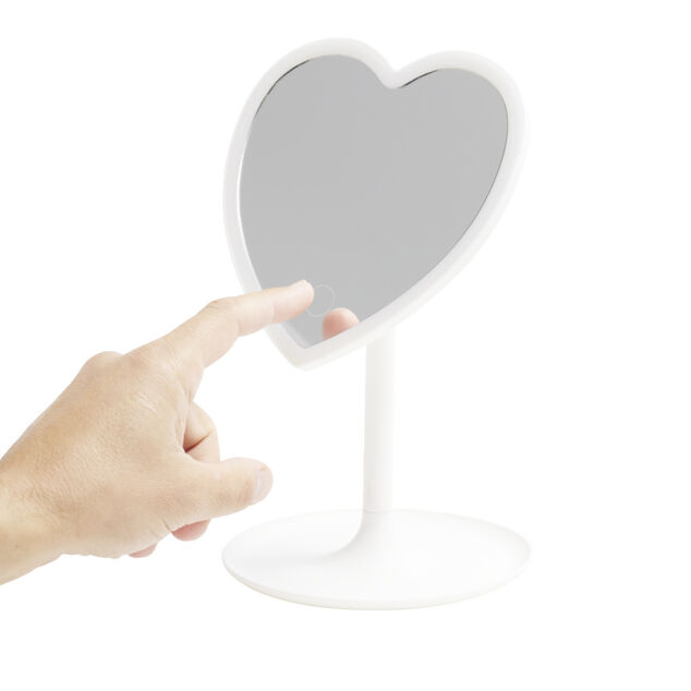 Miroir lumineux LED sur pied inclinable plastique blanc forme coeur 16xH24cm