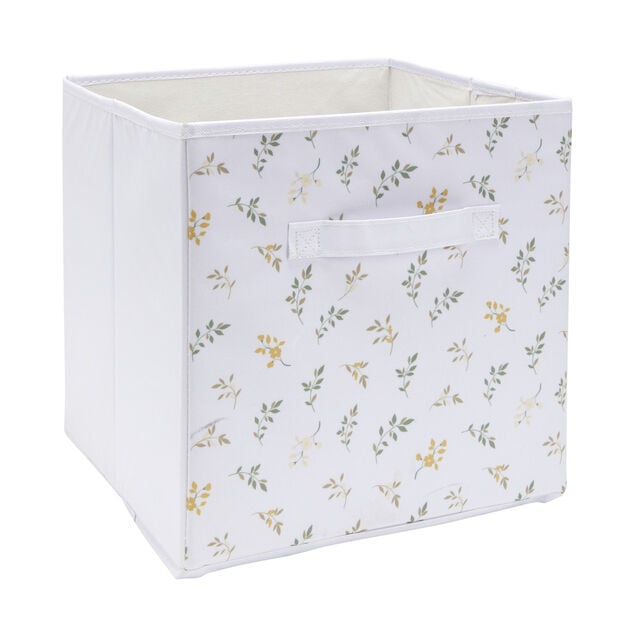 Pani&egrave;re de rangement Box Cube cartonn&eacute;e blanc motif feuillage 31x31xH29cm