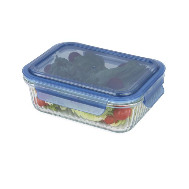Bo&icirc;te de conservation alimentaire herm&eacute;tique verre et plastique bleu 1L