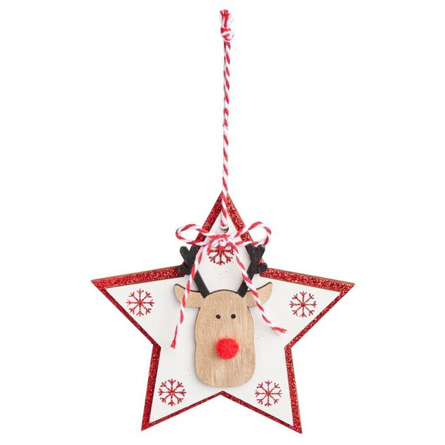 Suspension de Noël en bois forme étoile ou sapin avec tête de renne 11x11cm