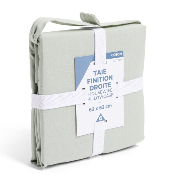 Taie d'oreiller 63x63cm 100% coton finition droite vert c&eacute;ladon