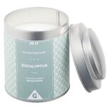 Bougie parfum&eacute;e dans pot m&eacute;tal gris et vert senteur eucalyptus 26H