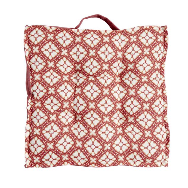 Coussin de sol carr&eacute; rouge terracotta motifs blancs 40x40cm