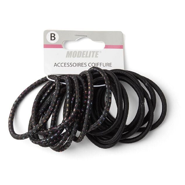 Lot de 15 &eacute;lastiques &agrave; cheveux polyester noir et fil m&eacute;tallique multicolore