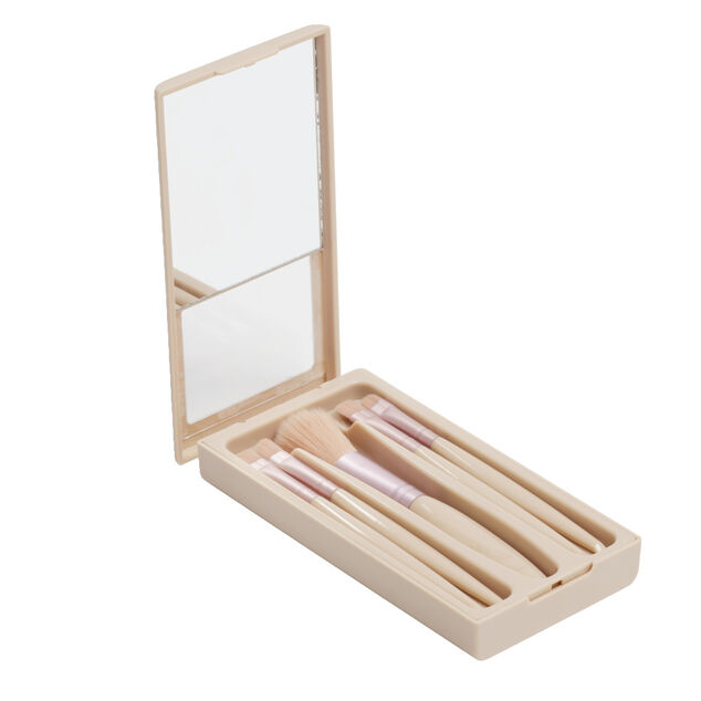 Kit de 5 pinceaux &agrave; maquillage dans bo&icirc;te avec miroir 7x13,5cm