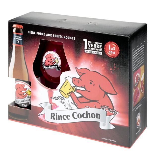 Coffret bi&egrave;re Rince Cochon fruits rouges x3 bouteilles 33cl + 1 verre