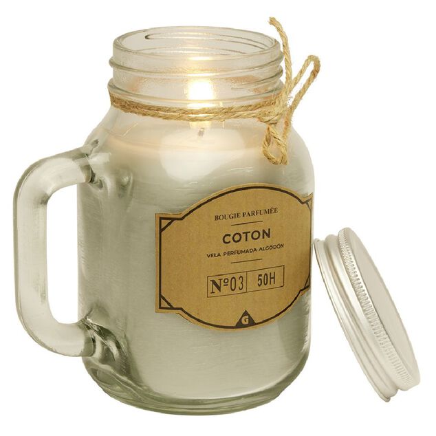 Bougie grise dans mug en verre avec couvercle - Senteur coton