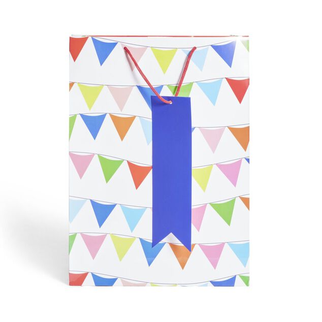 Sac cadeau blanc motifs fanions multicolores - Taille XL