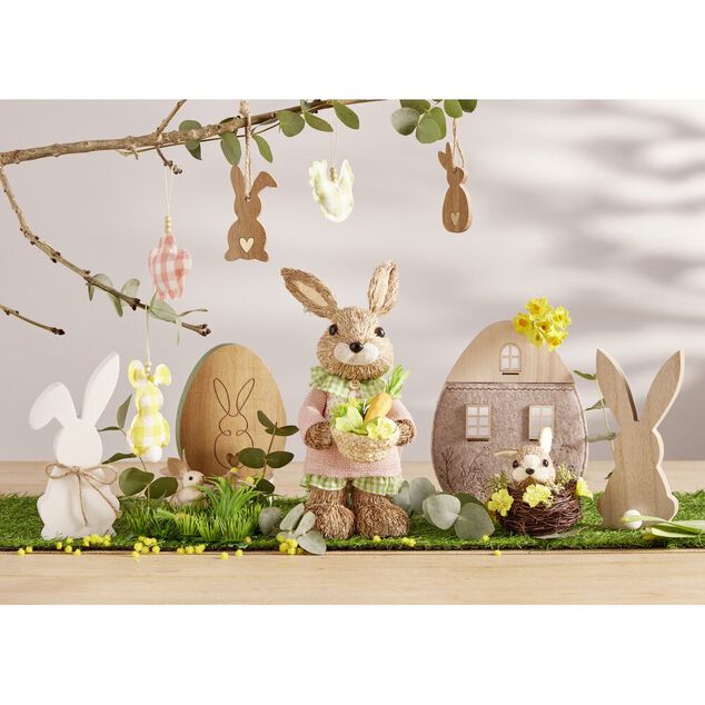 D&eacute;coration oeuf en bois avec lapin grav&eacute; 12xH15cm (3 mod&egrave;les)