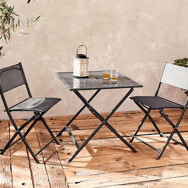 Chaise de jardin pliante London m&eacute;tal textil&egrave;ne gris 45x51xH81cm