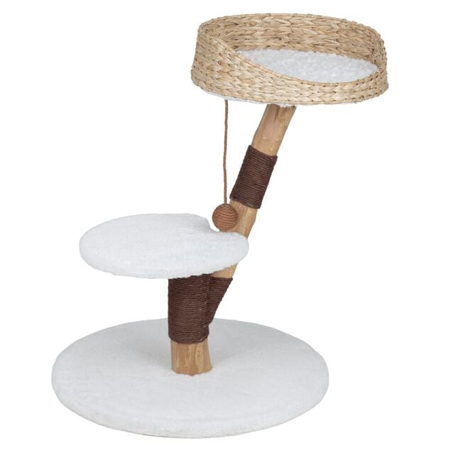 Arbre &agrave; chat branche bois 2 niveaux avec panier tress&eacute; beige et blanc 68x50xH64cm