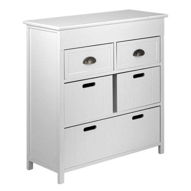 Console 5 tiroirs 2 poign&eacute;es m&eacute;tal structure bois blanc 71x29xH76cm