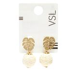 Boucles d'oreilles boutons monstera doré avec boule pendante raphia beige