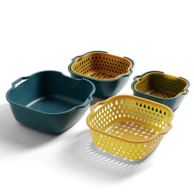 Lot de 3 passoires cuvettes carr&eacute;es bleues et jaunes