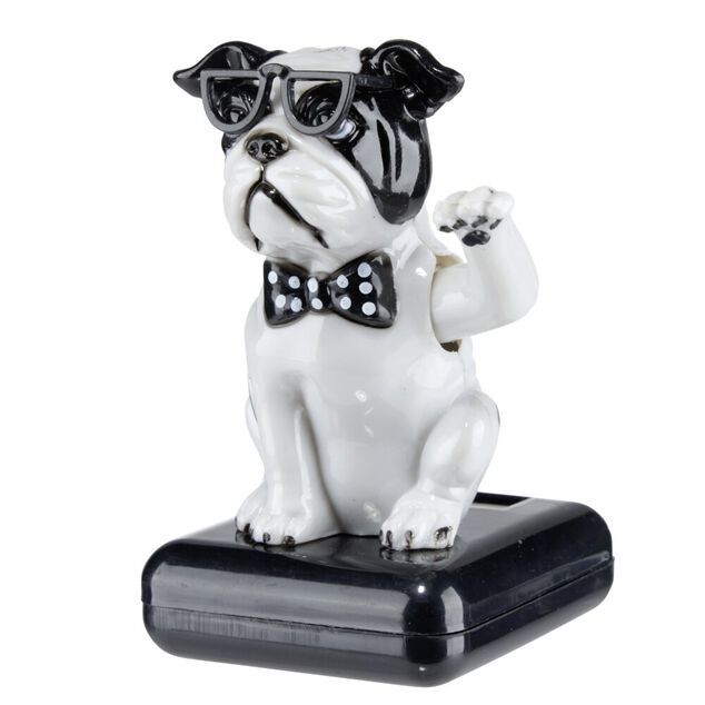 Figurine solaire dansante bulldog chic noir et blanc H10cm