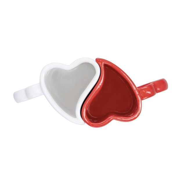 Coffret cadeau mug fa&iuml;ence x2 forme coeur embo&icirc;table rouge et blanc 7x13xH7,5cm