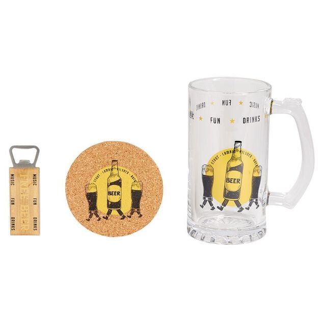 Coffret bi&egrave;re 3 pi&egrave;ces verre d&eacute;capsuleur et sous-verre - 2 mod&egrave;les