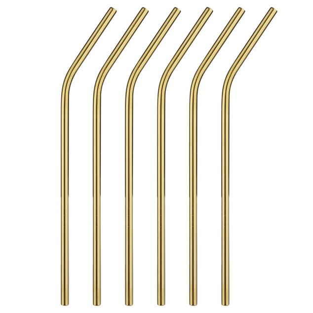 Paille X6 pcs coud&eacute;e inox goupillon inclus L21 cm dor&eacute;