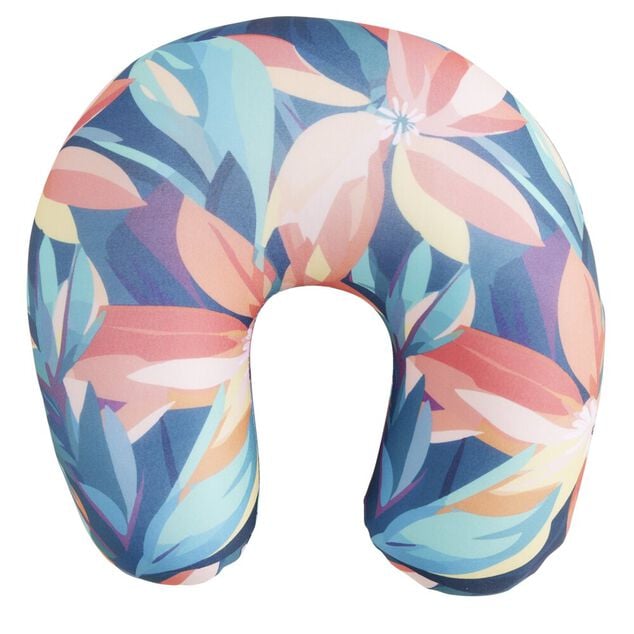 Coussin de voyage microbilles support nuque ergonomique tropical 28x28cm