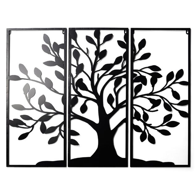 Arbre de vie triptyque d&eacute;coration murale en m&eacute;tal noir L90xH70cm