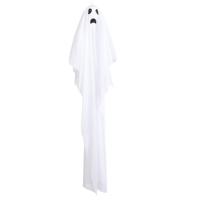 Fant&ocirc;me Halloween &agrave; suspendre LED anim&eacute; et lumineux polyester blanc &Oslash;9xH80cm