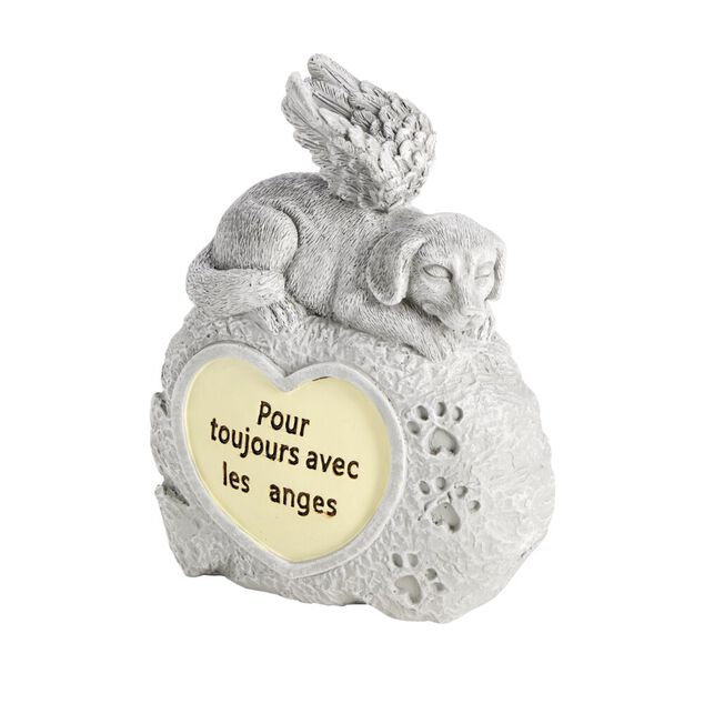 Plaque fun&eacute;raire LED avec chien polyr&eacute;sine gris 13x5xH18cm