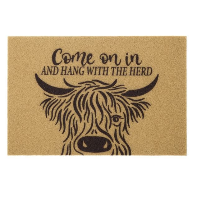 Paillasson motif vache Highland ext&eacute;rieur abrit&eacute; marron 40x60cm