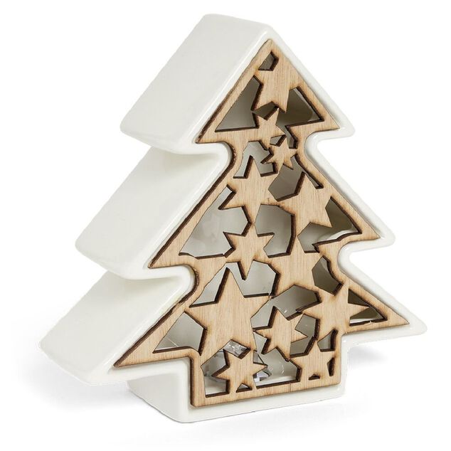 Lampe LED No&euml;l c&eacute;ramique et bois 17x5,5x17cm