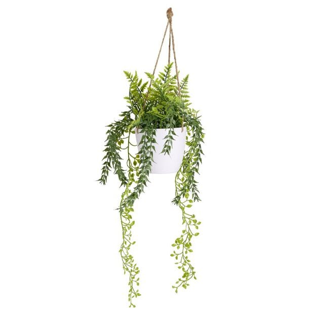 Plante verte artificielle &agrave; suspendre pot blanc &Oslash;11xH34cm - 2 mod&egrave;les