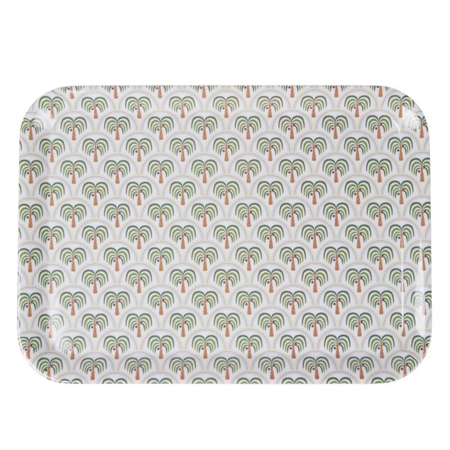 Plateau rectangulaire m&eacute;lamin&eacute; motif Indie palmier vert et gris 30x41,5cm