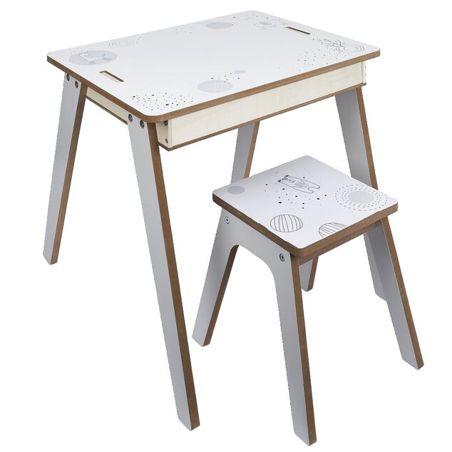 Bureau enfant modulable 3en1 tableau noir bois blanc et tabouret