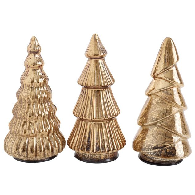 Sapin de No&euml;l x3 avec LED en verre jaune dor&eacute; &Oslash;9xH17,5cm