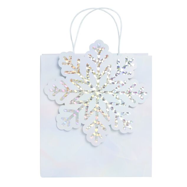 Sac cadeau No&euml;l bor&eacute;al motif flocon iridescent bleut&eacute; 23x9xH25cm