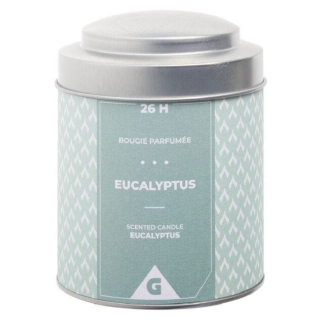 Bougie parfum&eacute;e dans pot m&eacute;tal gris et vert senteur eucalyptus 26H
