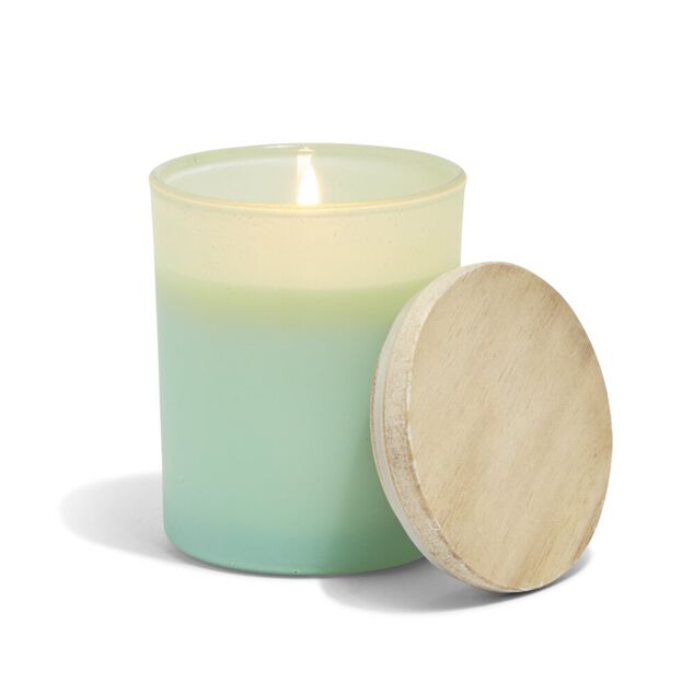 Bougie citronnelle couvercle bois verre vert &Oslash;7xH8,5cm