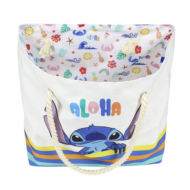 Sac de plage coton anses cordes motif Stitch Aloha 56x16xH38cm