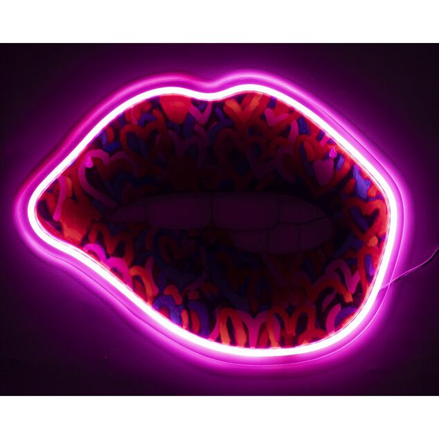 Tableau forme bouche street art PVC avec contour n&eacute;on rose 30x40cm